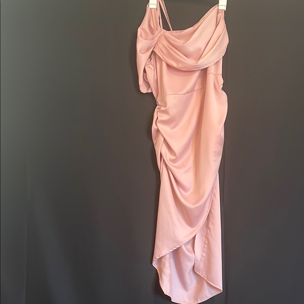PrettyLittleThing Pink Asymmetrical Ruched Gown